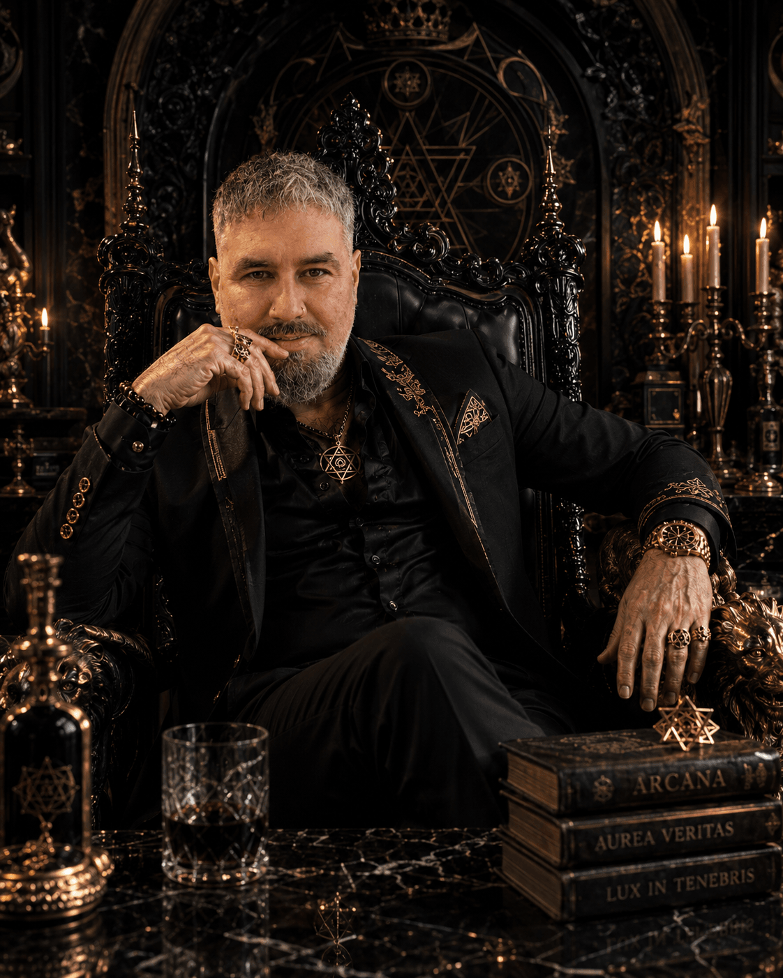 Aaron Abush, seated among the sacred arcana